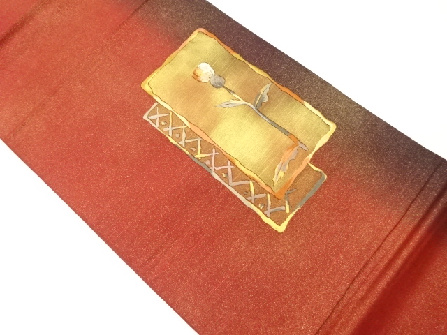 金彩　短冊に草花模様刺繍袋帯